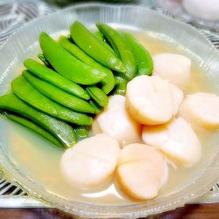 ワサビ風味♪ レア帆立とスナップエンドウの煮浸し☆